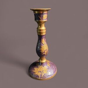 Vintage Brass Candlestick Holder – Made in India – Purple & Gold Floral Enamel –